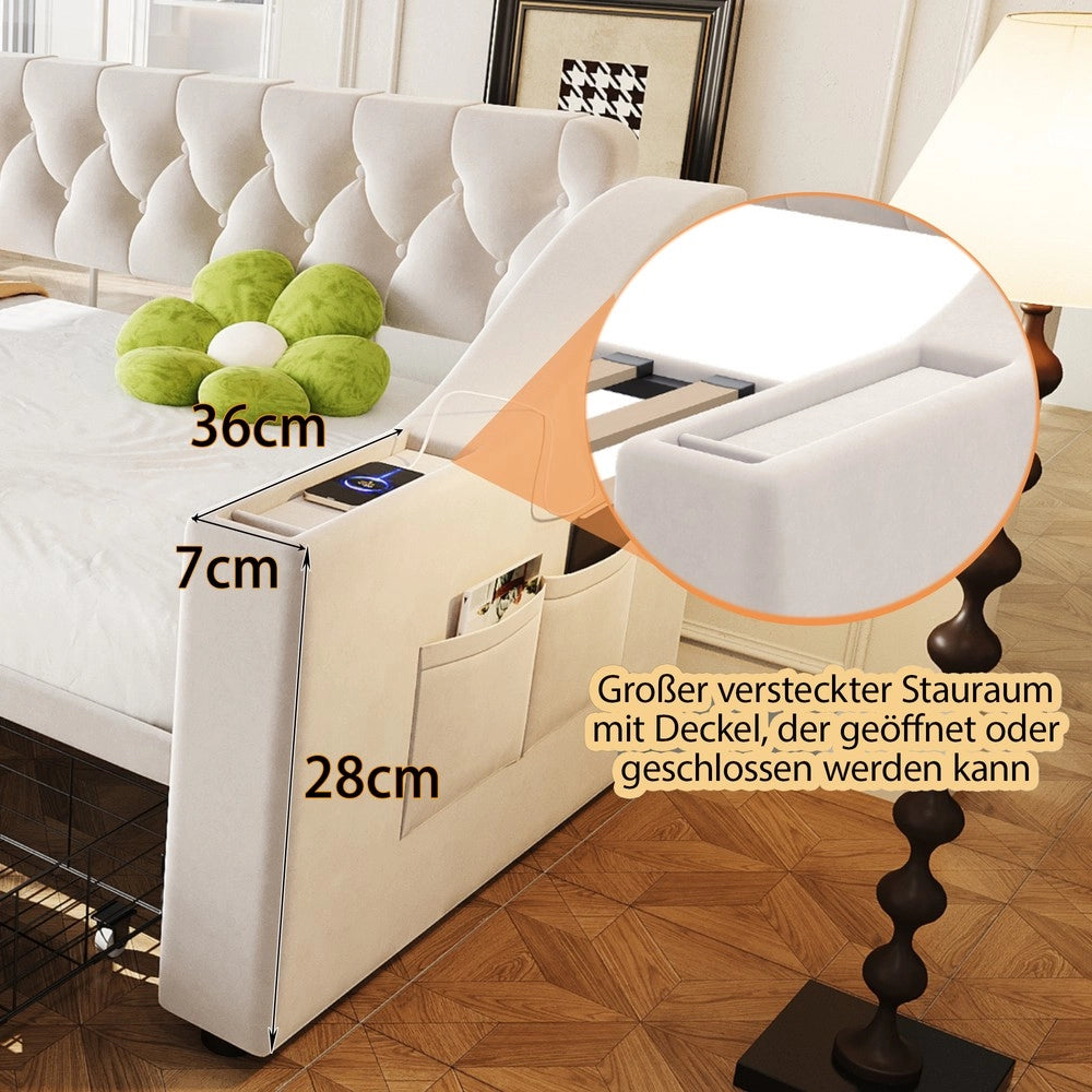 Letto Imbottito con Cassetto e USB ¨C MINIMAL ¨C Velluto Beige 90x190