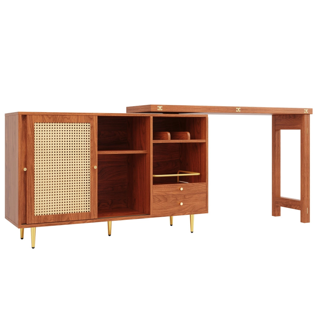 Mobile Bar con Anta in Rattan; Cassetto e Ripiani Aperti; Piano Girevole ed Estensibile; in MDF; 107 x 40 x 71;4 cm