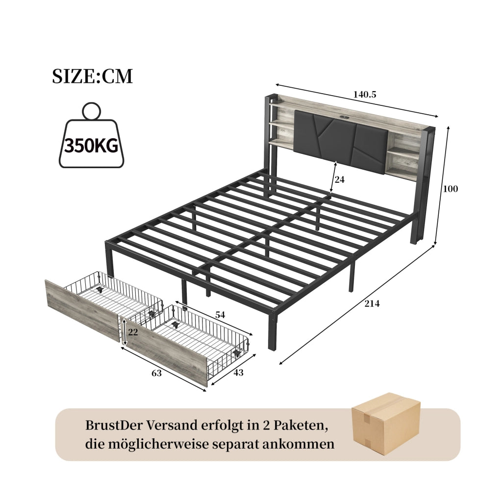 Letto 140x200 cm con cassetti; LED e porta USB in truciolare nero