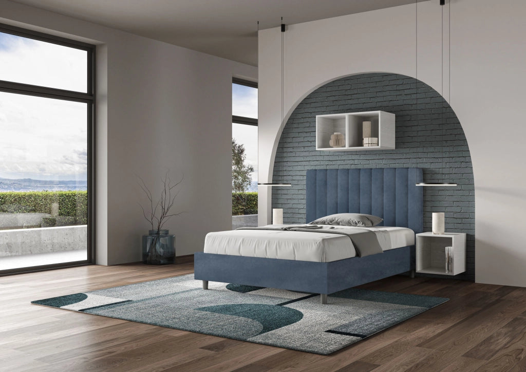 BS COM Letto una piazza e mezza senza rete imbottito 120x210 microfibra blu