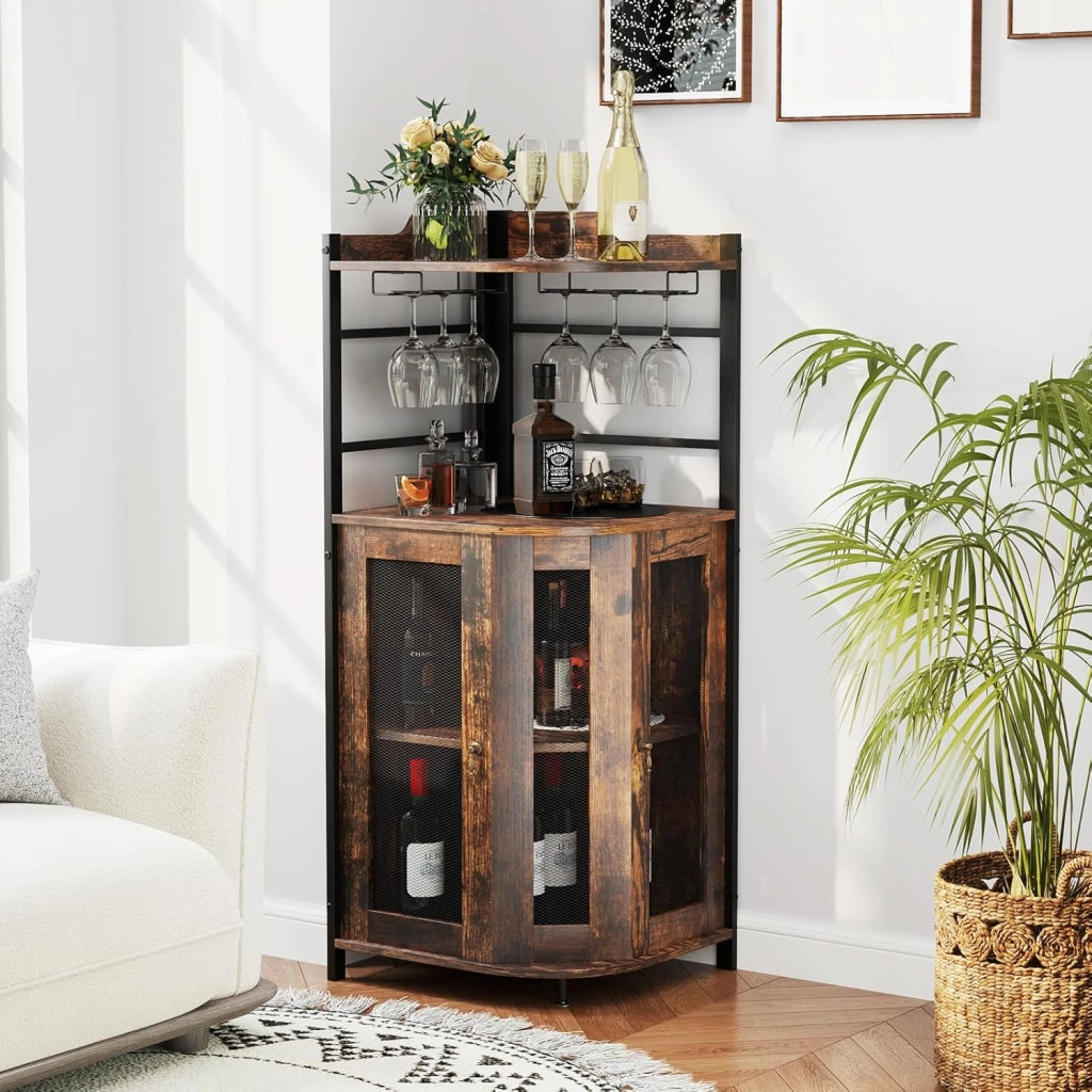 Armadietto Angolare Industriale Da Bar Con Supporto In Vetro, Armadietto Da Vino Con Ripiano Regolabile, Portabottiglie Vino Da Cucina Con Protezione, 130x47,5x47,5 cm (Marrone)