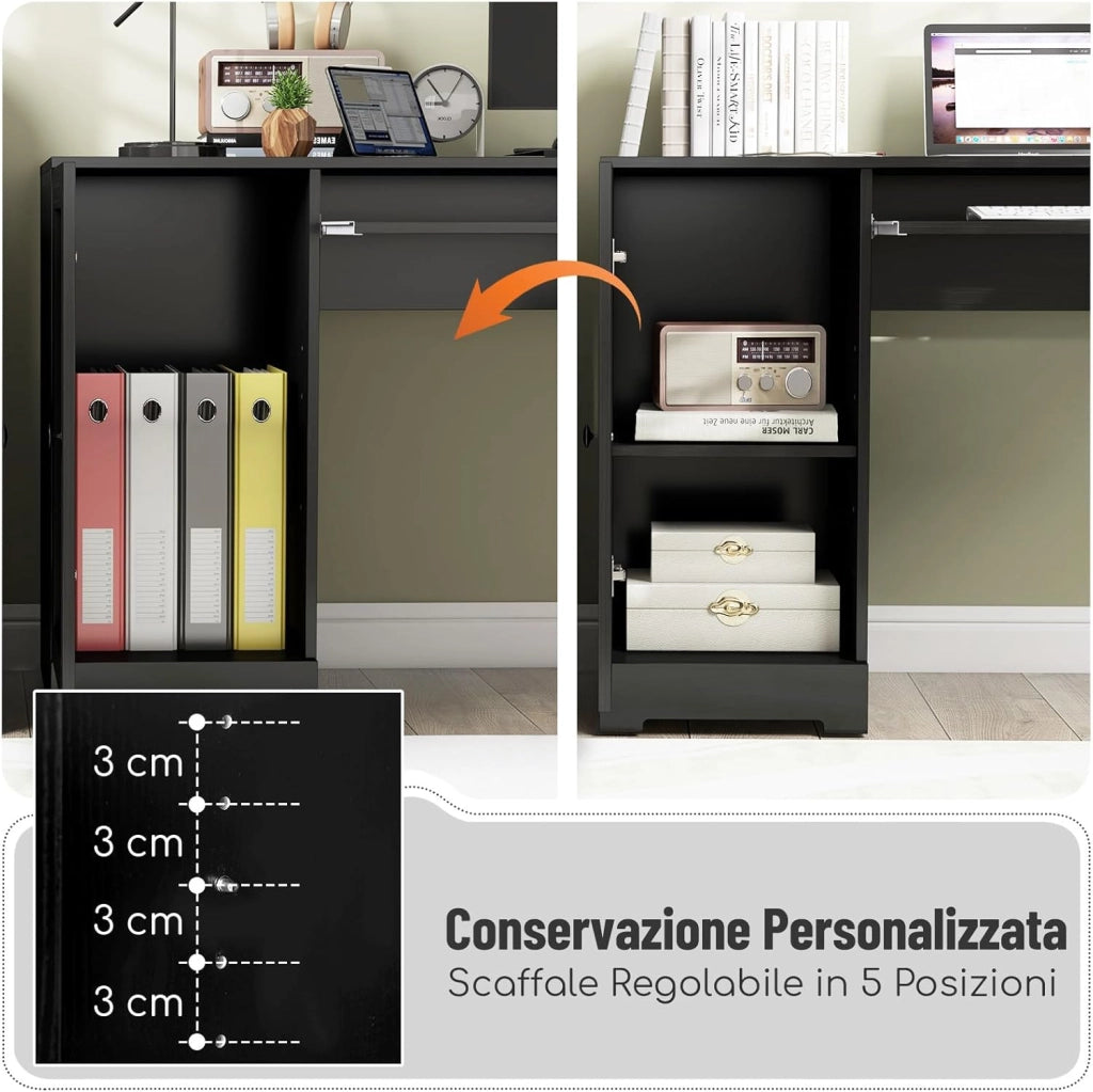 Scrivania Angolare con Prese di Corrente, Scrivania ad Angolo Moderna con 2 Cassetti, Armadio, Mensola Regolabile e Vassoio per Tastiera, Ideale per Gaming, Lavoro e Scrittura (Nero)