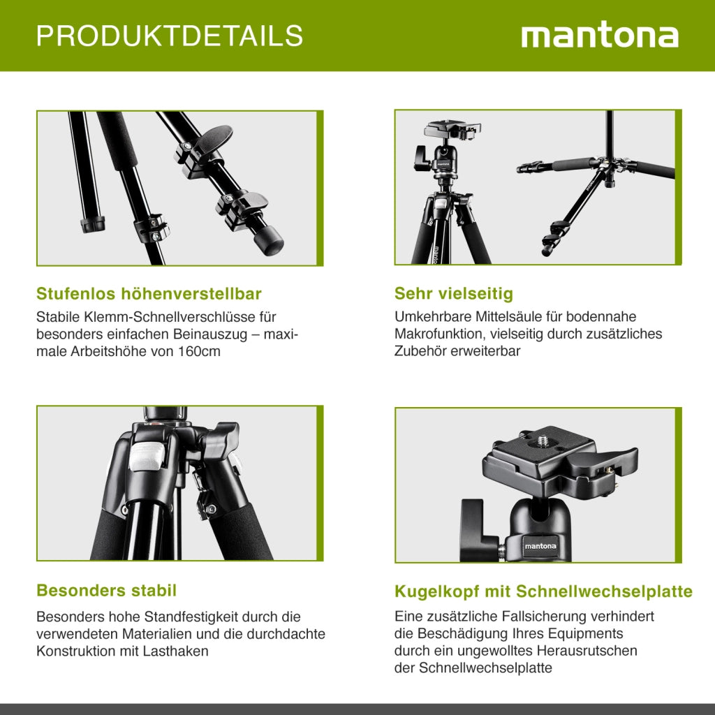 Mantona Basic Scout Max Treppiede fotografico, treppiede per fotocamera con altezza di lavoro fino a 160 cm, testa a sfera, treppiede compatto e leggero per fotocamera 19870 nero