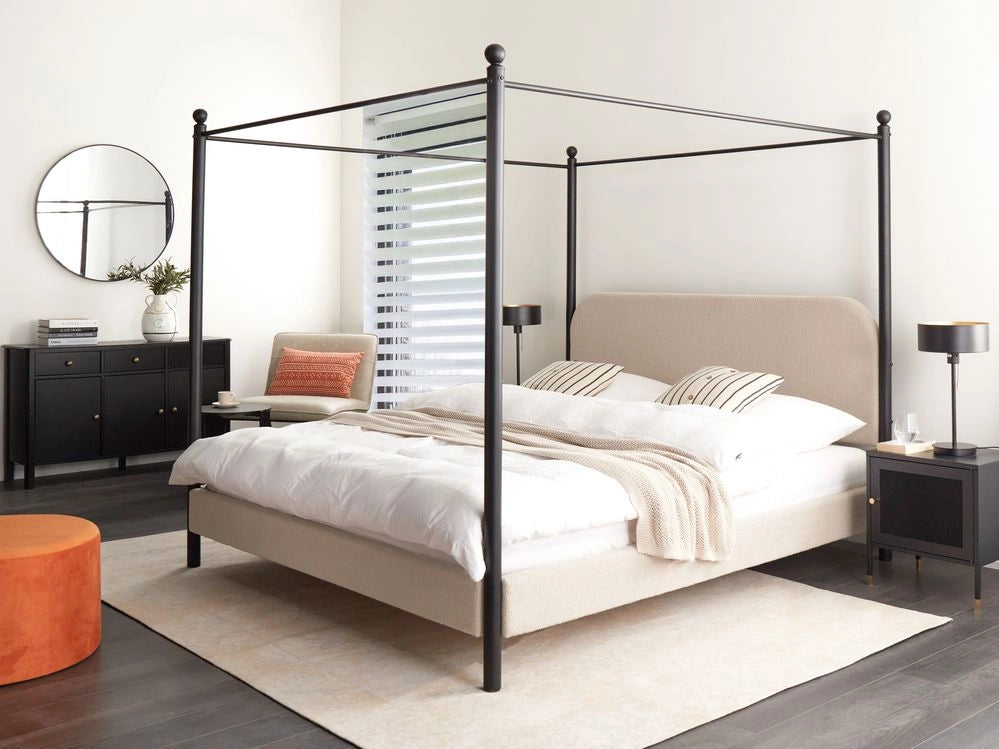 Letto a baldacchino in metallo nero con rivestimento in bouclé beige 180 x 200 cm EU Dimensioni doppie Retro Minimalista
