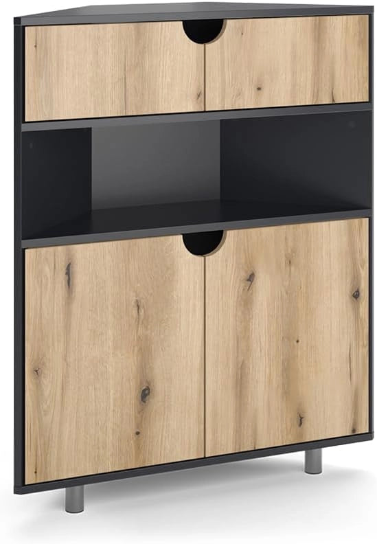 Credenza Inaro, Bianco, 79 x 96 cm con 4 scomparti, adatto per essere riposto in modo salvaspazio negli angoli della stanza