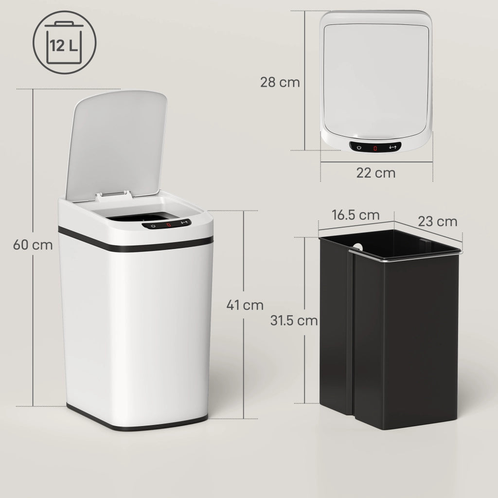 Cestino Rifiuti Infrarossi 12L ¨C zephmum ¨C Acciaio Inox, ABS, PP, Bianco, 28x22x41 cm