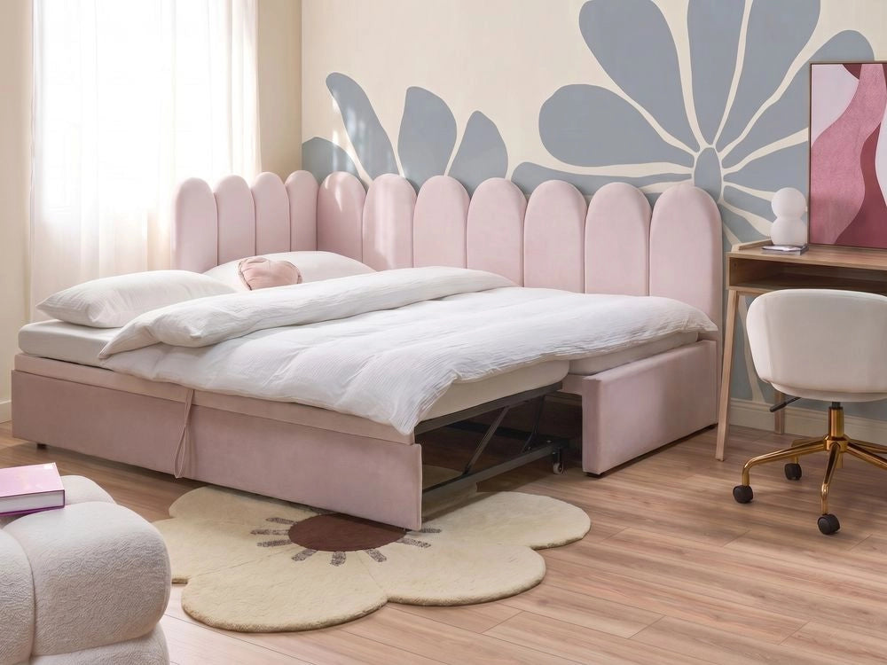 Letto a castello rivestito in velluto rosa pastello 90/180 x 200 cm con rete a doghe