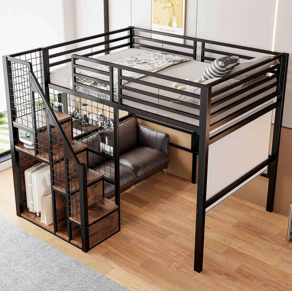 Letto a soppalco 140x200 cm in metallo nero con scala; zona appendiabiti e spazio sottostante