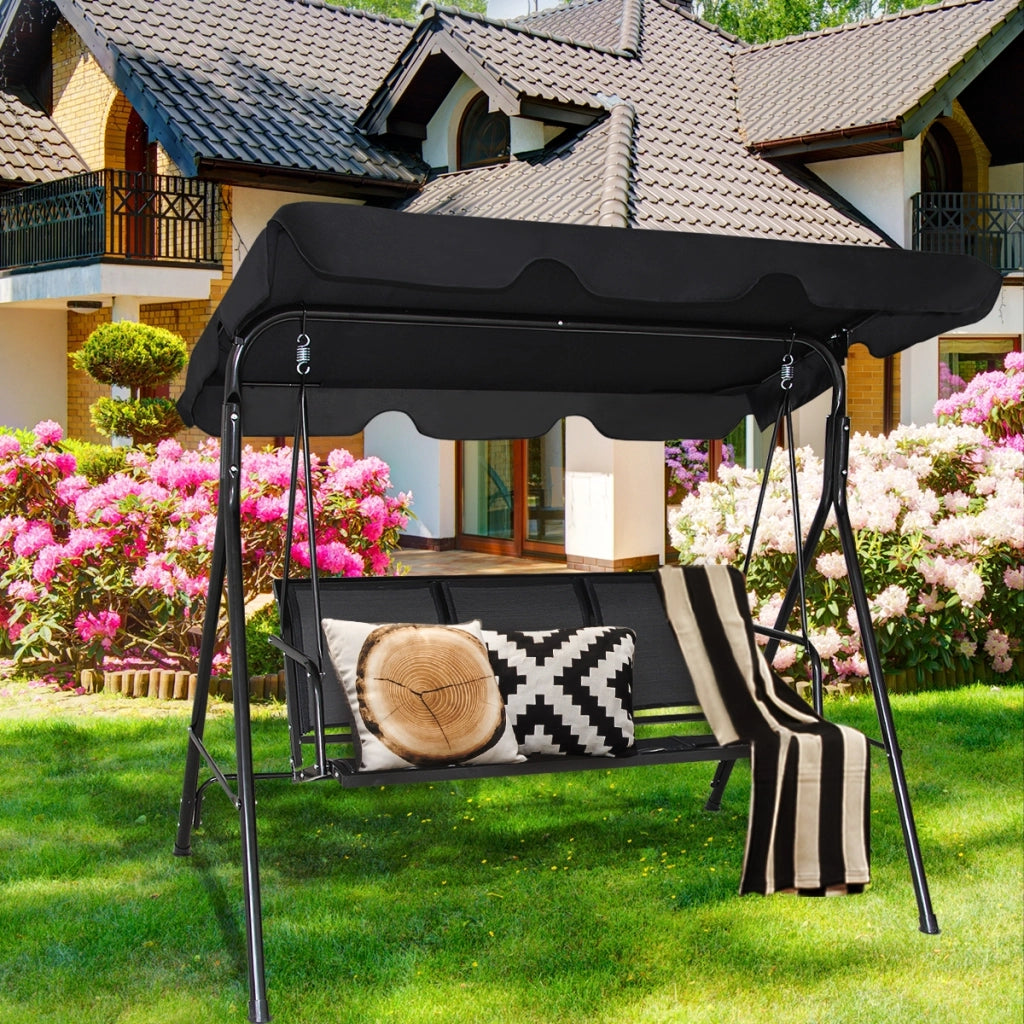 Dondolo a 3 posti con oscurante da giardino Altalena adulti da esterno 170x110x150cm Nero-Dondoli