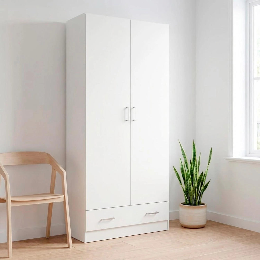 Armadio Design Moderno Con 2 Ante E 1 Cassetto Multiuso Salvaspazio Con Ripiani Interni E Vano Contenitore Per Camera Da Letto O Ingresso 79.4 X 35.7 X 170.4 Cm Bianco