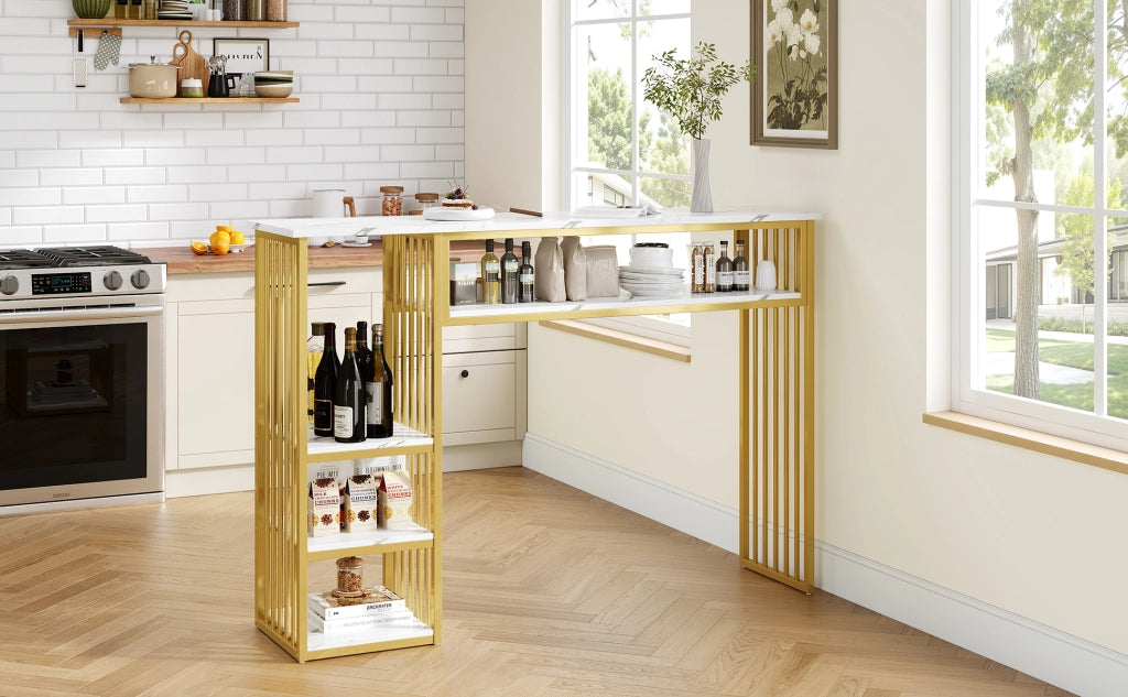 Tavolo da bar con ripiani aperti e struttura in metallo, piano in MDF effetto marmo, per cucina e sala da pranzo, 140 × 40 × 105 cm