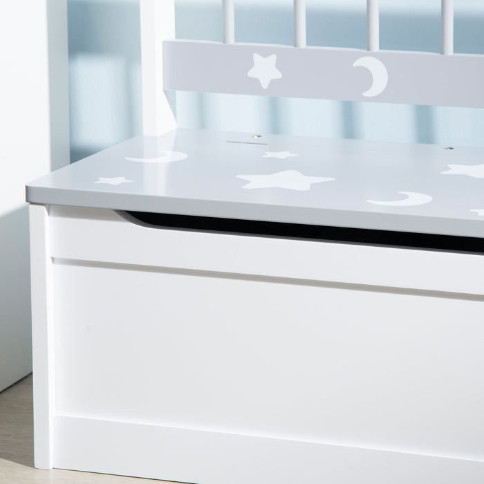 Cassapanca Portagiochi 60x30x50 cm con Leva a Gas in MDF e Legno di Pino Bianco e Grigio