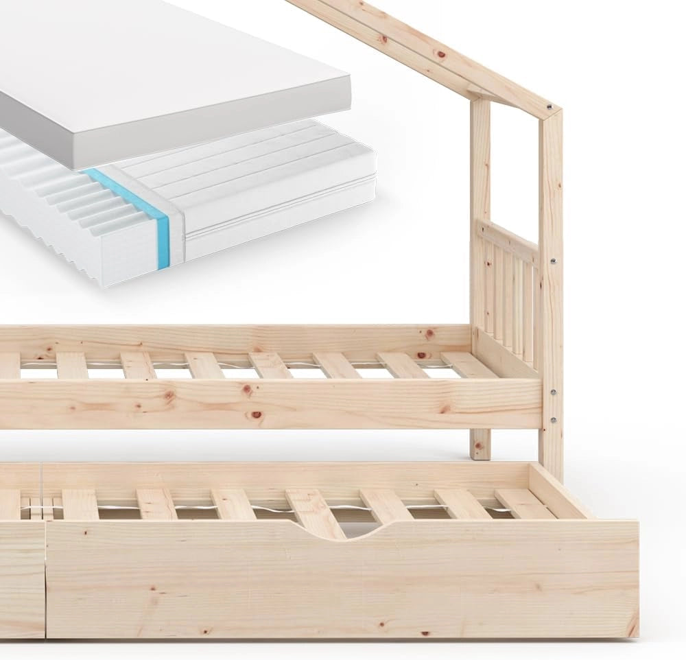 Letto montessori bambini Design, Legno naturale, 90x200 cm con letto per ospiti e 2 materassi, con sponda anticaduta e rete a doghe per un sonno sicuro