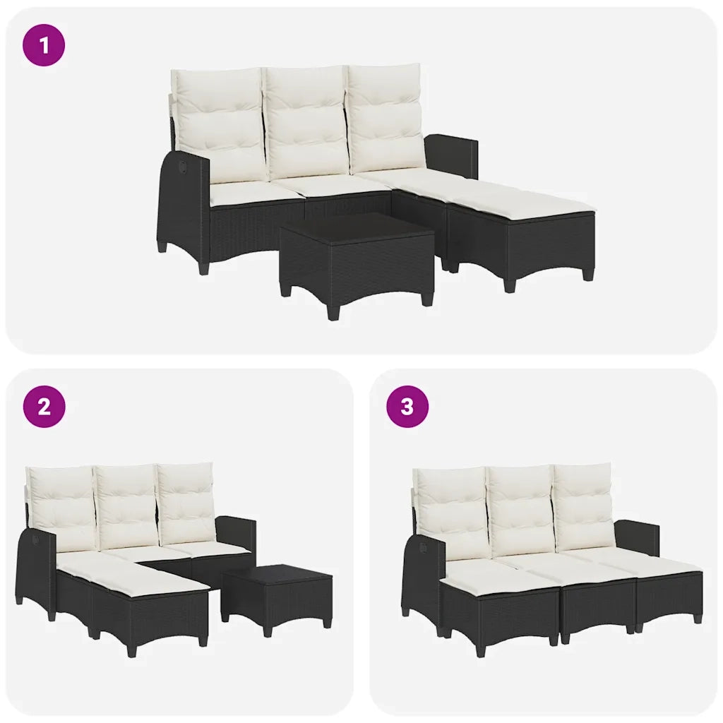 Set Divani da Giardino 3 pz con Cuscini Forma L Polyrattan Nero