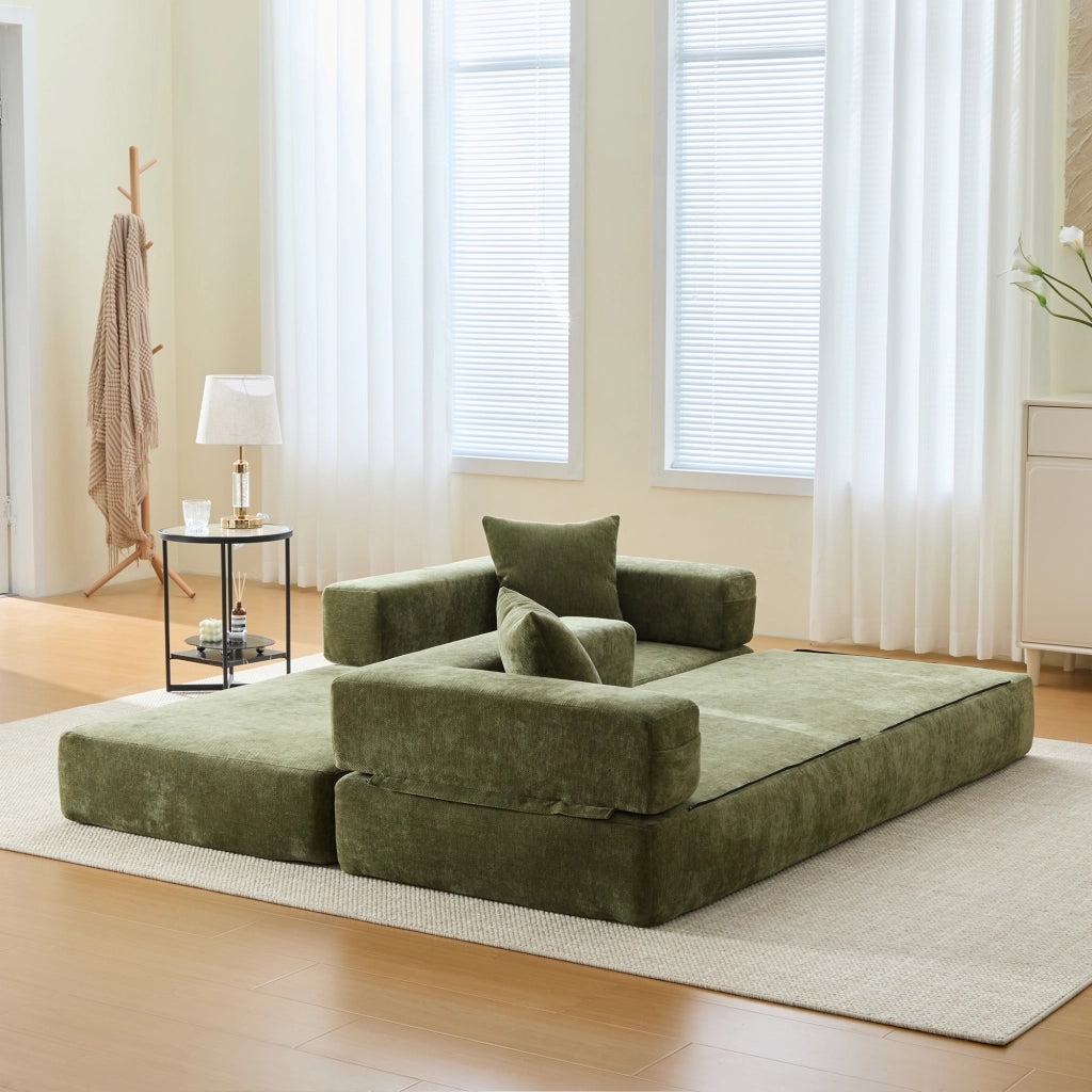 Divano modulare in ciniglia verde con tasche laterali e base antiscivolo 198 × 79 × 60 cm