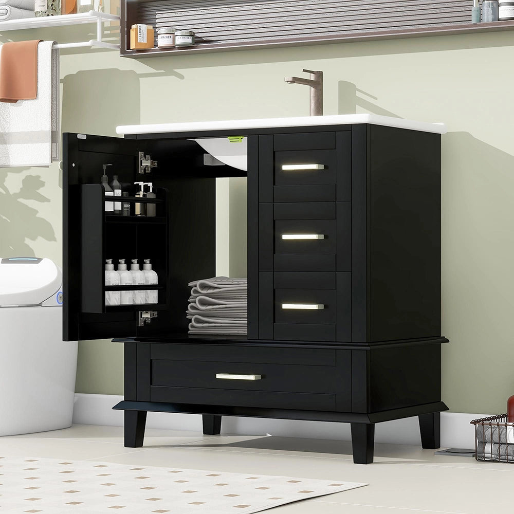 Armadio bagno elegante - Xylo - 73x45,5x83,5 cm - Nero - Laccato, lavabo ceramica, ripiani regolabili