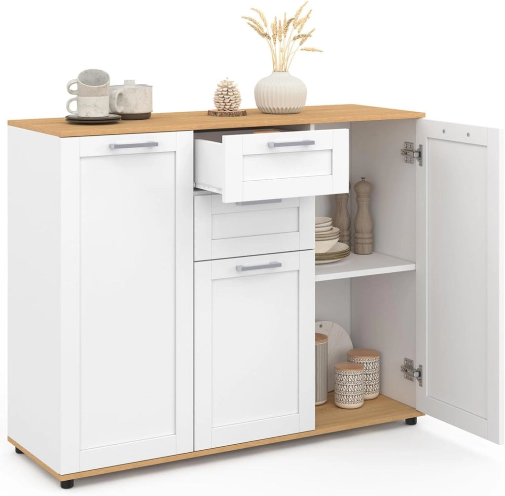 Credenza VITO 100 cm con 3 ante e 2 cassetti bianchi e piano in legno