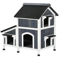Casetta per Gatti da Esterno, a Due Piani, in Legno, Tetto in Asfalto, 96 x 65 x 85.5 cm, Grigio