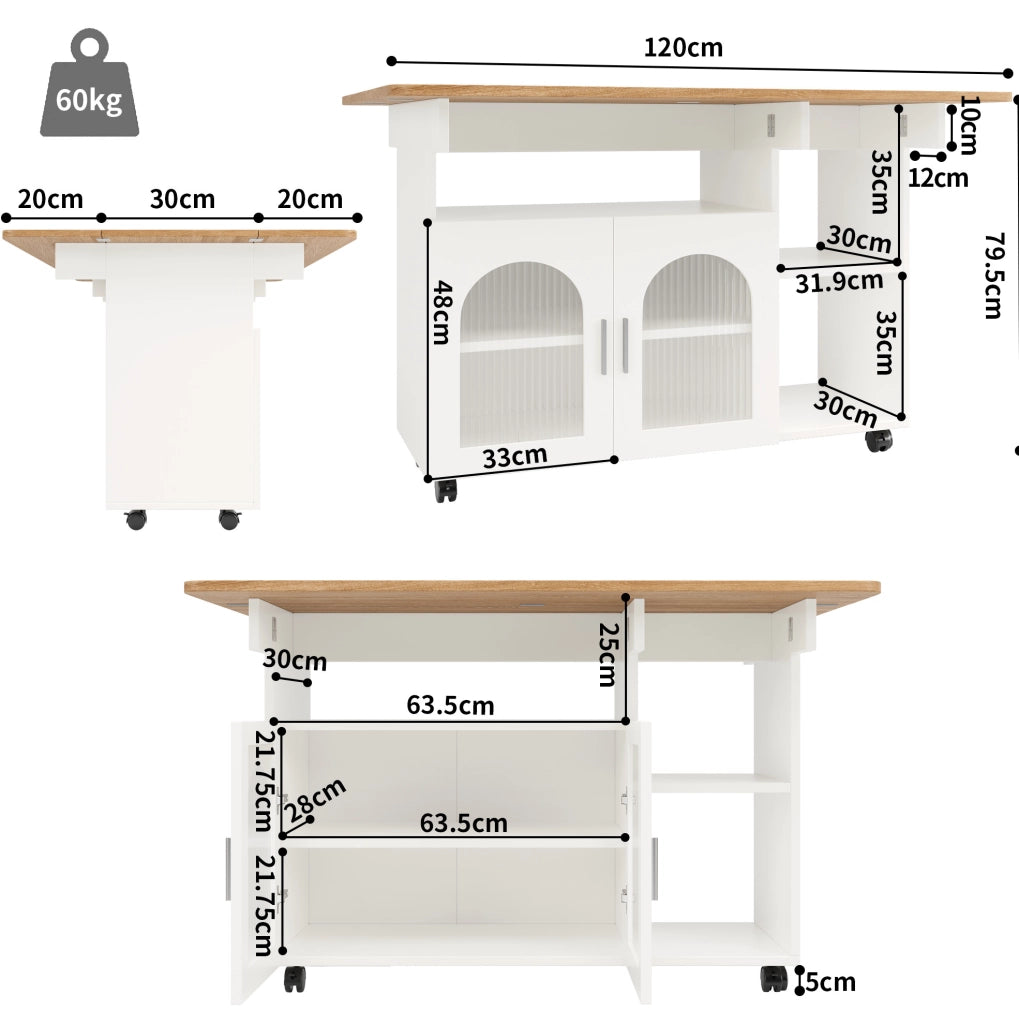 Isola da cucina pieghevole 120 cm con ruote e contenitore