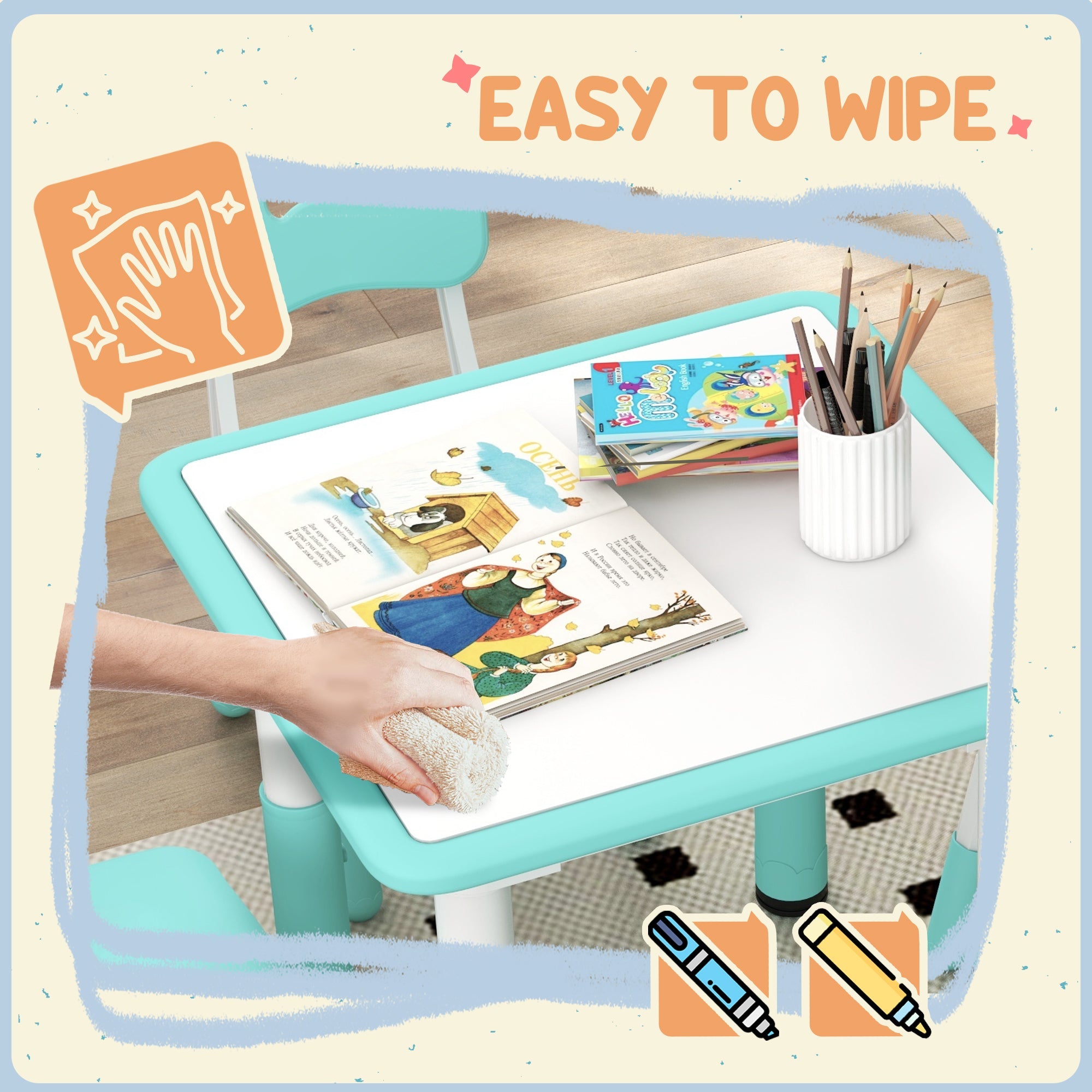 Set Tavolo con 4 Sedie per Bambini Altezza Regolabile Verde