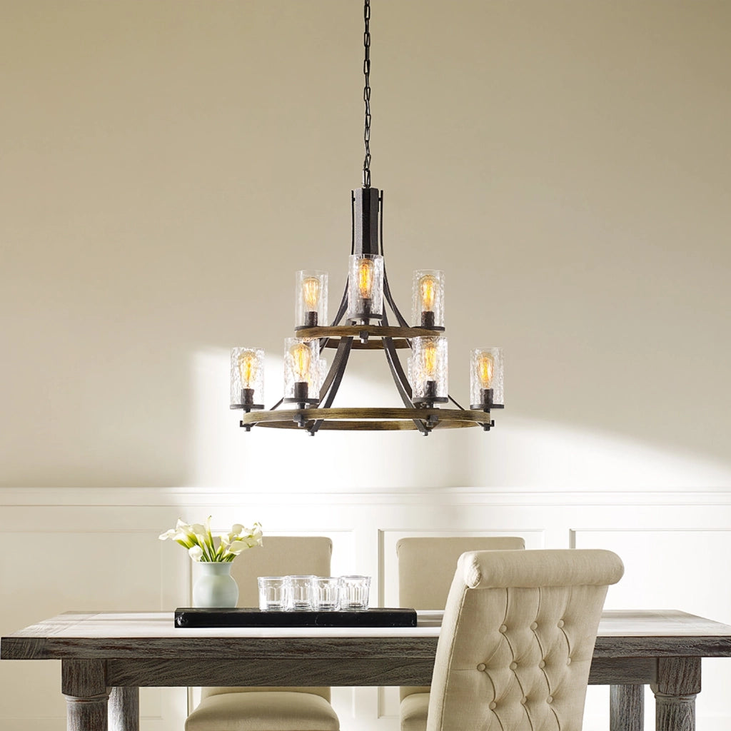 Lampadario Industrial Angelo Acciaio Anticato Metallo Vetro Grigio 9 Luci E27