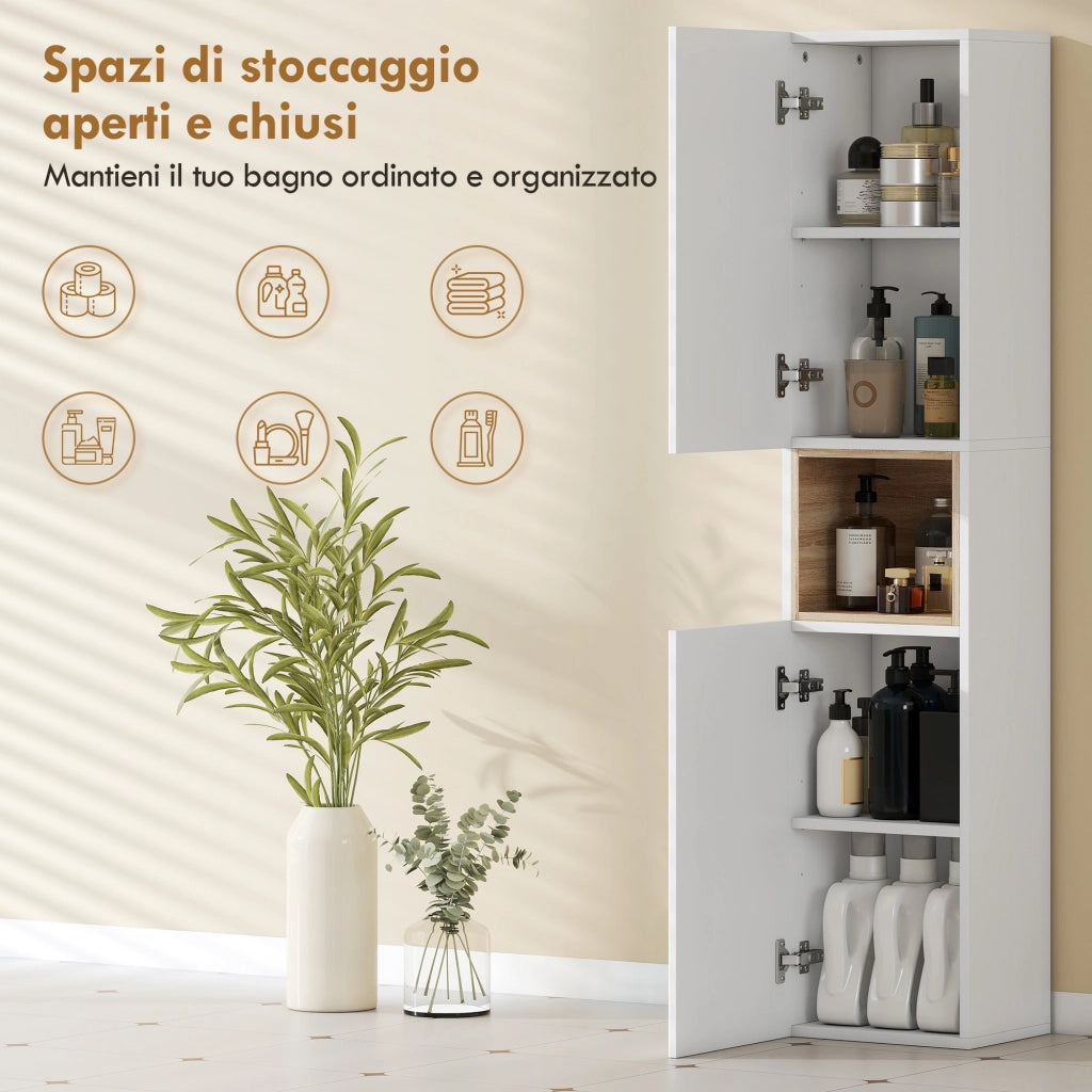 Mobile da Bagno 30x24x140 cm a 2 Ante con Spazio Aperto e Ripiani Regolabili in Legno Bianco