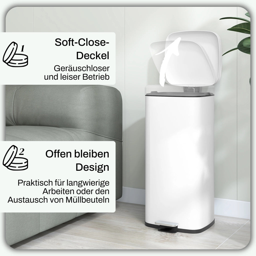 Cestino 30 Litri ¨C zephmum ¨C Bianco, Acciaio/Plastica, Soft-Close, Pedale, 28x35x63,5 cm