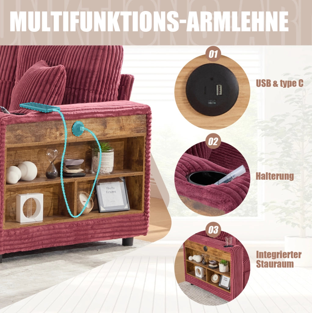 Divano letto in corduroy con contenitore; USB-C e LED; 196 cm; rosso vino