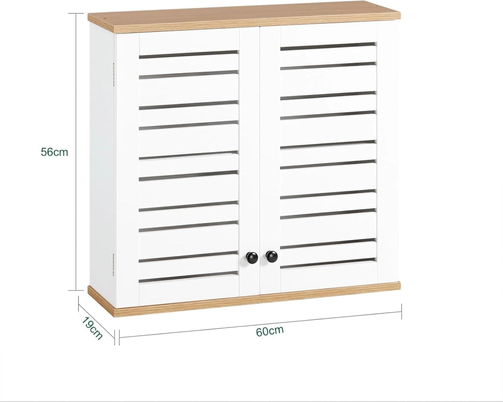 Pensile da Bagno – Mobile da Bagno Sospeso – Armadietto a Muro Stretto con Ante a Persiana e Ripiani Regolabili, per Cucina e Corridoio, in Legno, Bianco, 60x56x19cm, BZR42-W