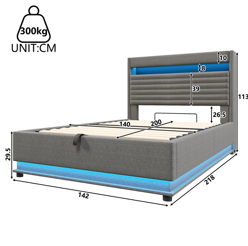 Letto imbottito 140x200 cm con LED, USB-C e vano contenitore