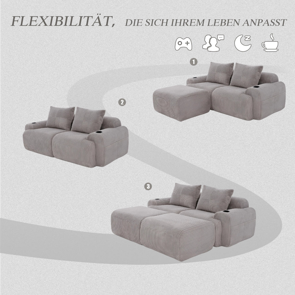 Divano modulare componibile 2 posti con portabicchieri e tasca laterale in corduroy grigio chiaro 200 × 174 × 80 cm
