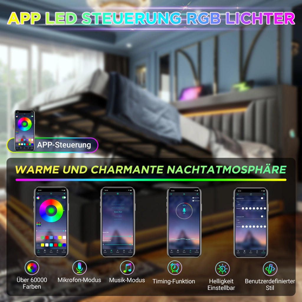 Letto 90x200 cm con LED; USB e Type-C; contenitore idraulico; lino grigio; con materasso