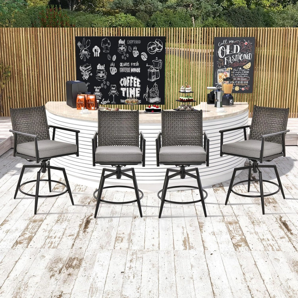 Set di 2 sgabelli da bar girevoli, con schienale in rattan e telaio in metallo, sedia da giardino con cuscino rimovibile, sgabello da bistrò, sedia girevole per esterni, colore nero