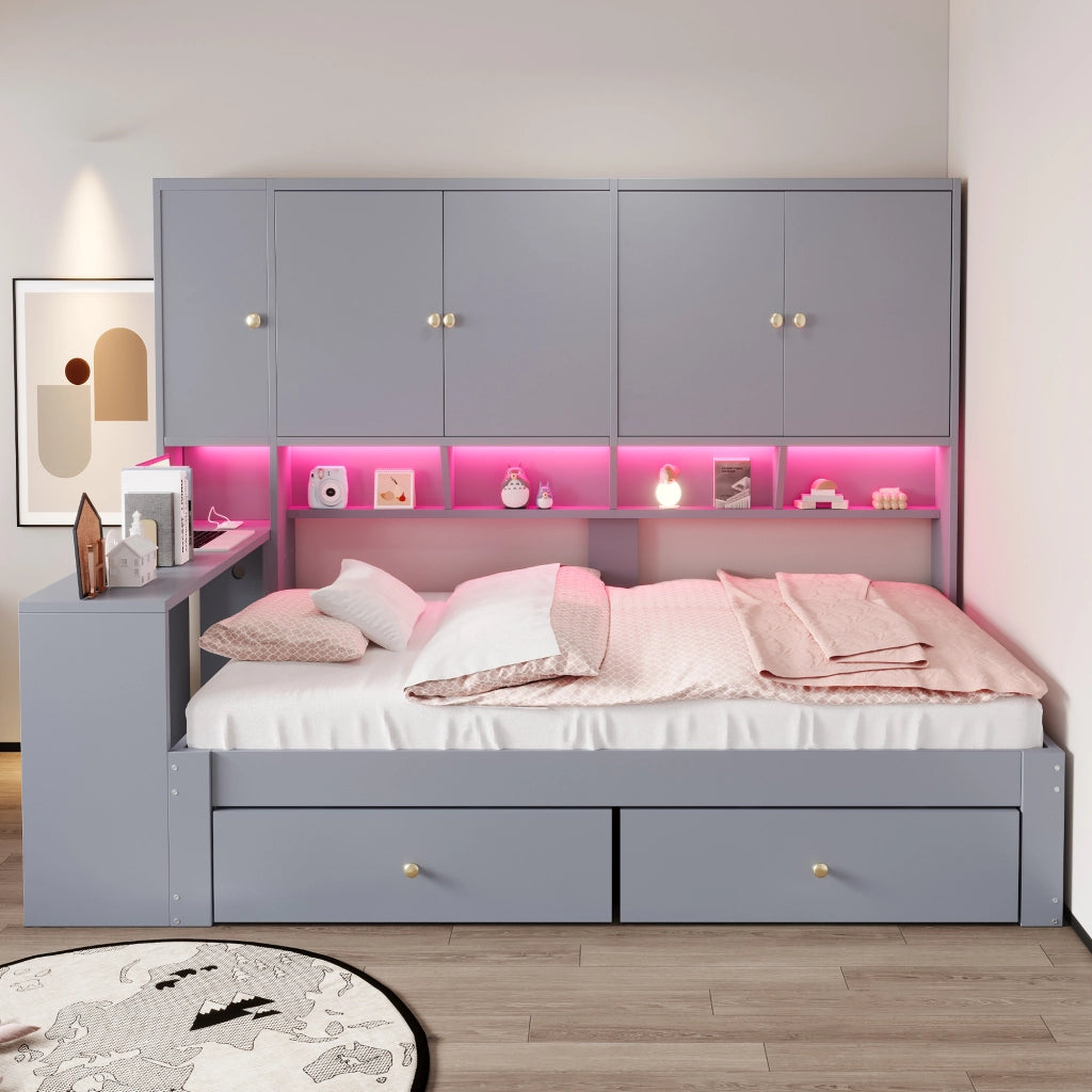 Letto per bambini 90x200 cm con scrivania; LED e prese; 2 cassetti e vani contenitore; MDF grigio