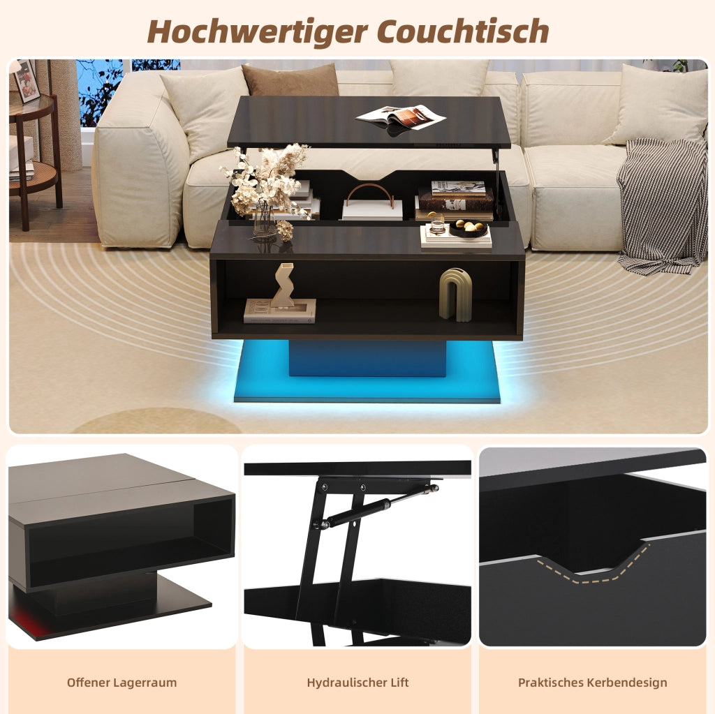Tavolino da salotto alzabile 80x75x40 cm con LED e vano contenitore; truciolare nero lucido