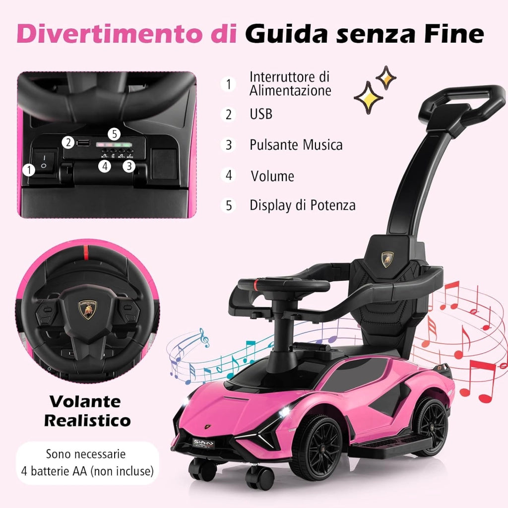 3 in 1 Auto da Spinta, Auto Scorrevole con Paracolpi e Manubrio Rimovibili Musica e Fari, Spazio di Stoccaggio Nascosto e Ruote Universali Staccabili, Bambini 18-24 Mesi (Rosa)