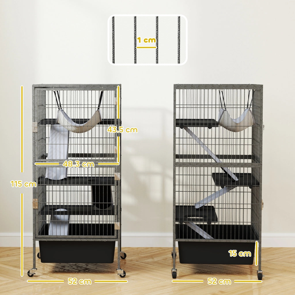 Gabbia per Piccoli Animali a 4 Livelli 52x52x115 cm con Rampe Amaca e Ruote Grigio