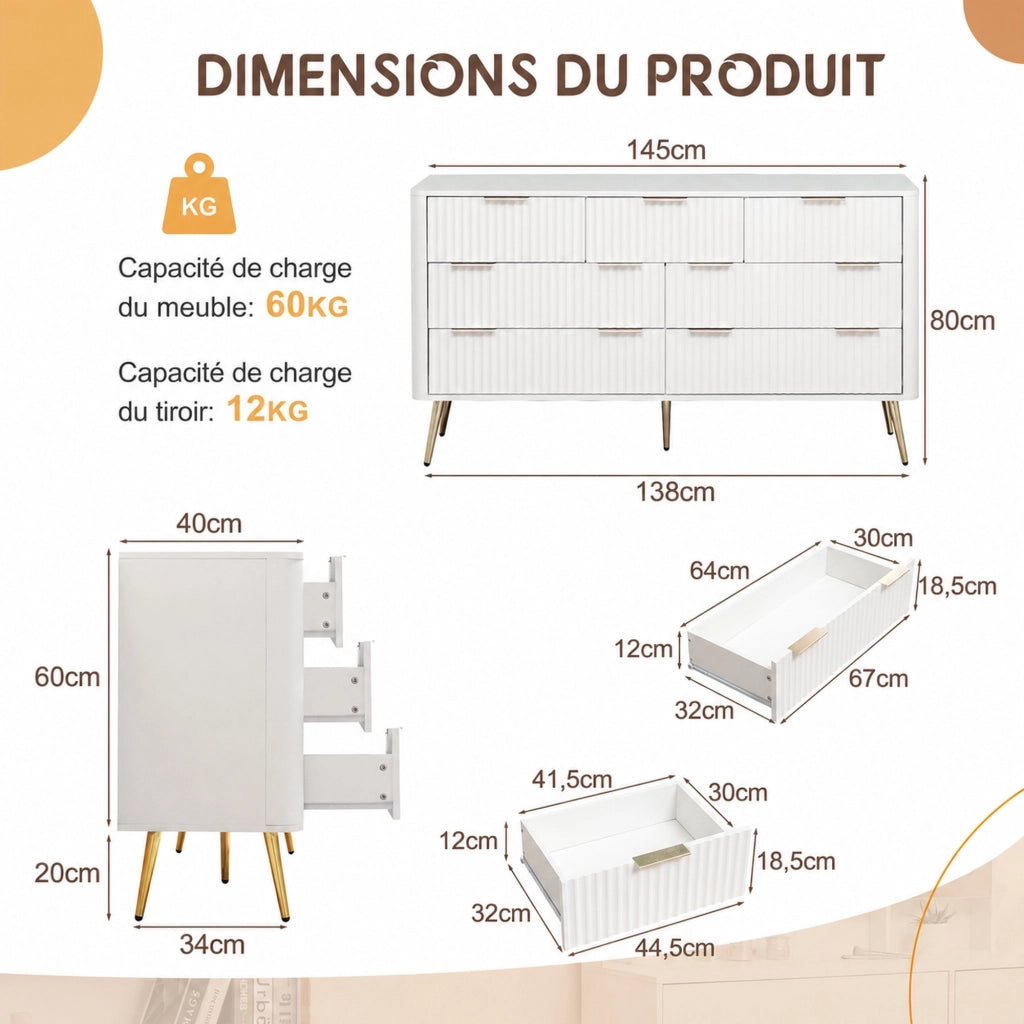 Settimanale con 7 cassetti e chiusura ammortizzata, maniglie in metallo, per ingresso, in MDF bianco, 145 × 40 × 80 cm