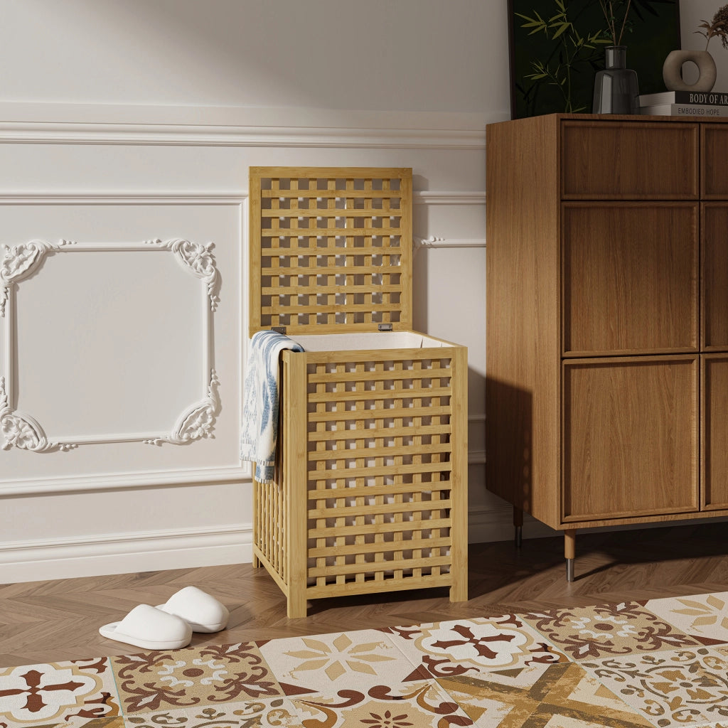 Mobile Portabiancheria Jystiand in Bambù con Coperchio Ribaltabile 62x45x45 cm 79 L [en.casa]