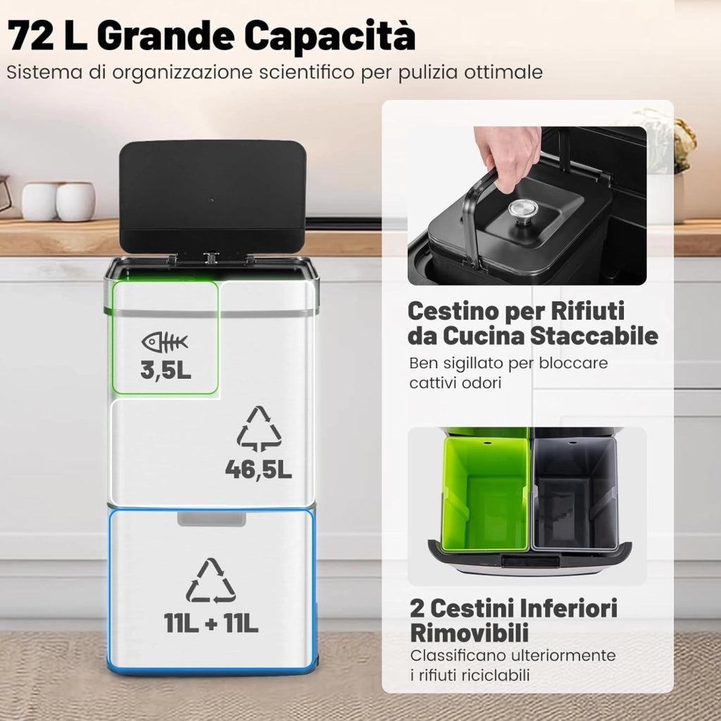 72L Pattumiera Differenziata, Bidone della Spazzatura in Acciaio Inox con 3 Scomparti e Sensore di Movimento, Coperchio a Chiusura Morbida, Ideale per Casa Ufficio (Argento)
