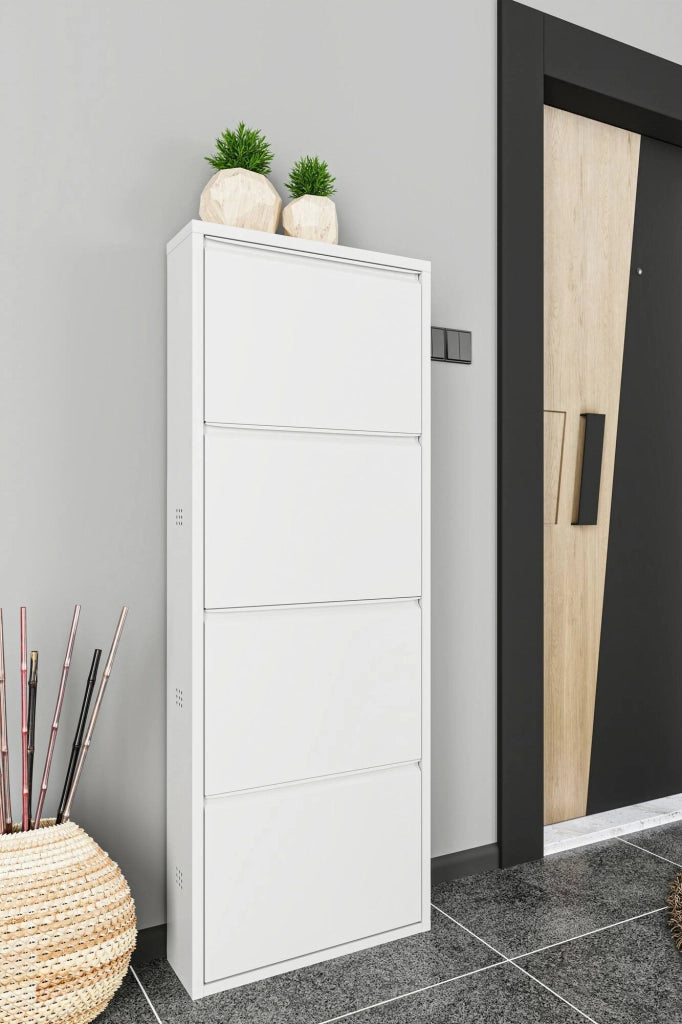 Scarpiera Axe, Mobile portascarpe in metallo, Armadio da ingresso multiuso, Mobiletto per calzature, 50x15h138 cm, Bianco