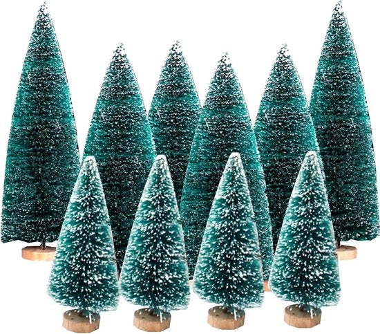 Set di 10 Mini Alberi di Natale in Kunststoffo per Decorazione di Tavolo - Alberi di Natale in Kunststoffo con Base in Legno in 10/15/20 cm per Decorazioni di Natale e Decorazioni DIY