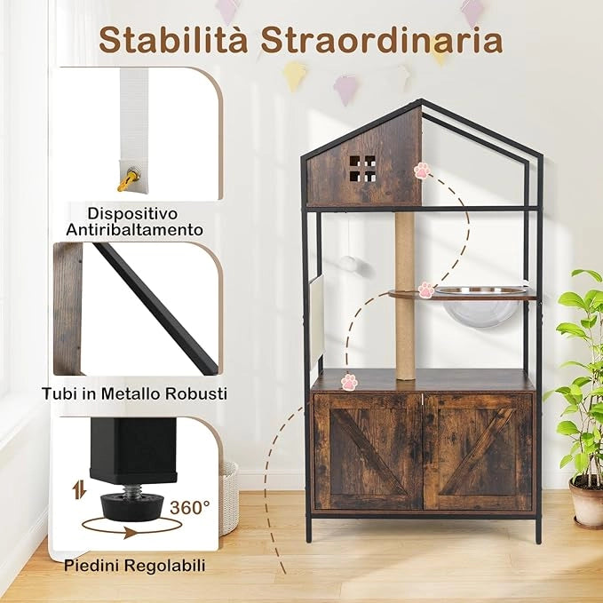 Albero per Gatti 80 x 48 x 150 cm, Lettiera Gatto Chiusa con Posti per Graffiare, Cuscino, Amaca e Palla Pendente, Torre per Animali Domestici in Metallo e Corda di Juta
