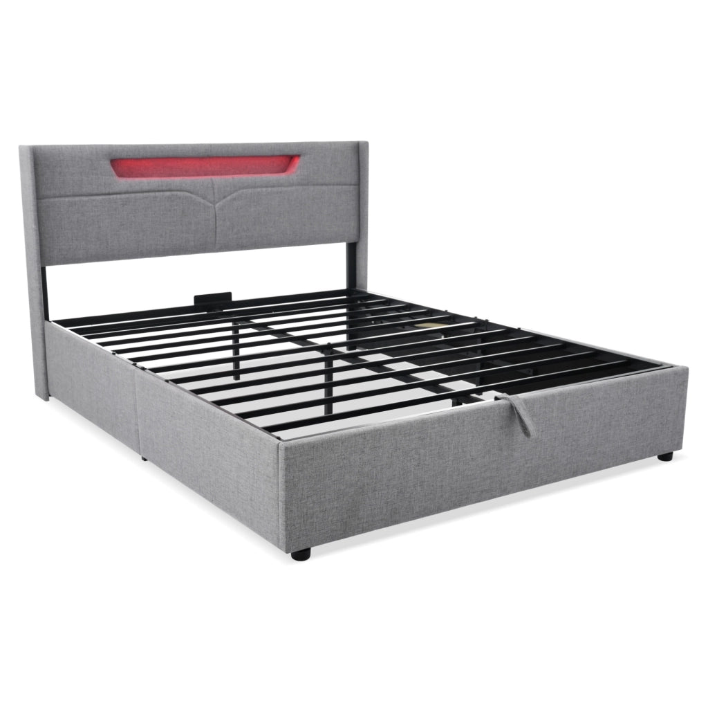 Letto matrimoniale LED con porta USB e Type-C; contenitore 160x200 cm; grigio