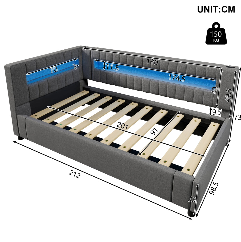 Letto daybed 90x200 cm con contenitore idraulico e LED in lino grigio