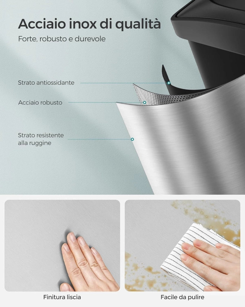 SONGMICS Cestino da Cucina, Pattumiera Tripla per Riciclaggio a Pedale, Metallico da 45 Litri, Raccolta Differenziata, 3 x 15L, con Coperchio, Acciaio, Argento Metallico e Nero Inchiostro LTB45L