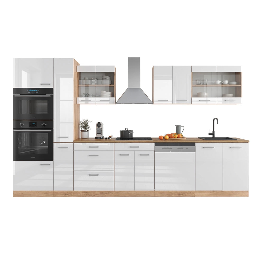 Vicco Cucina componibile Bianco lucido/oro power oak 350 cm con armadio alto, PL Antracite