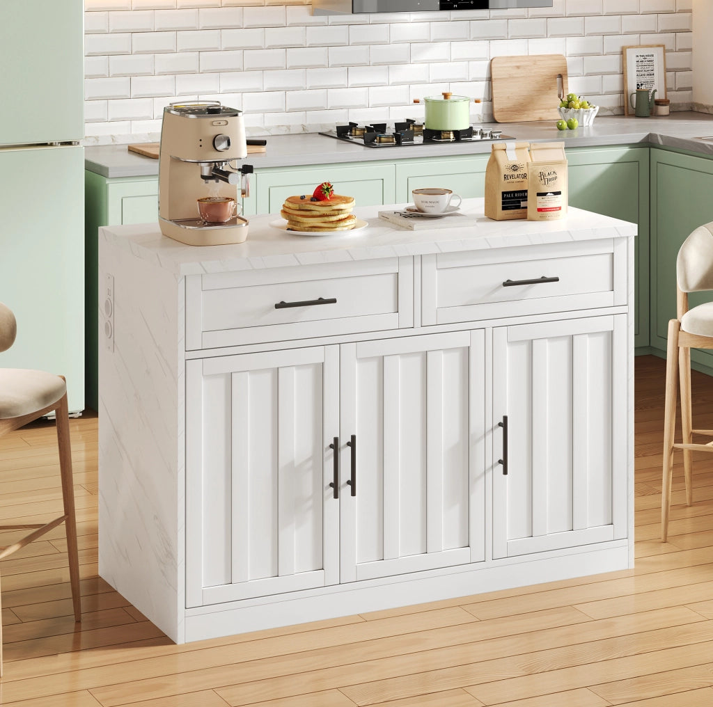 Isola cucina con bar 120x60x91 cm 2 cassetti 3 ante prese AC e USB MDF bianco
