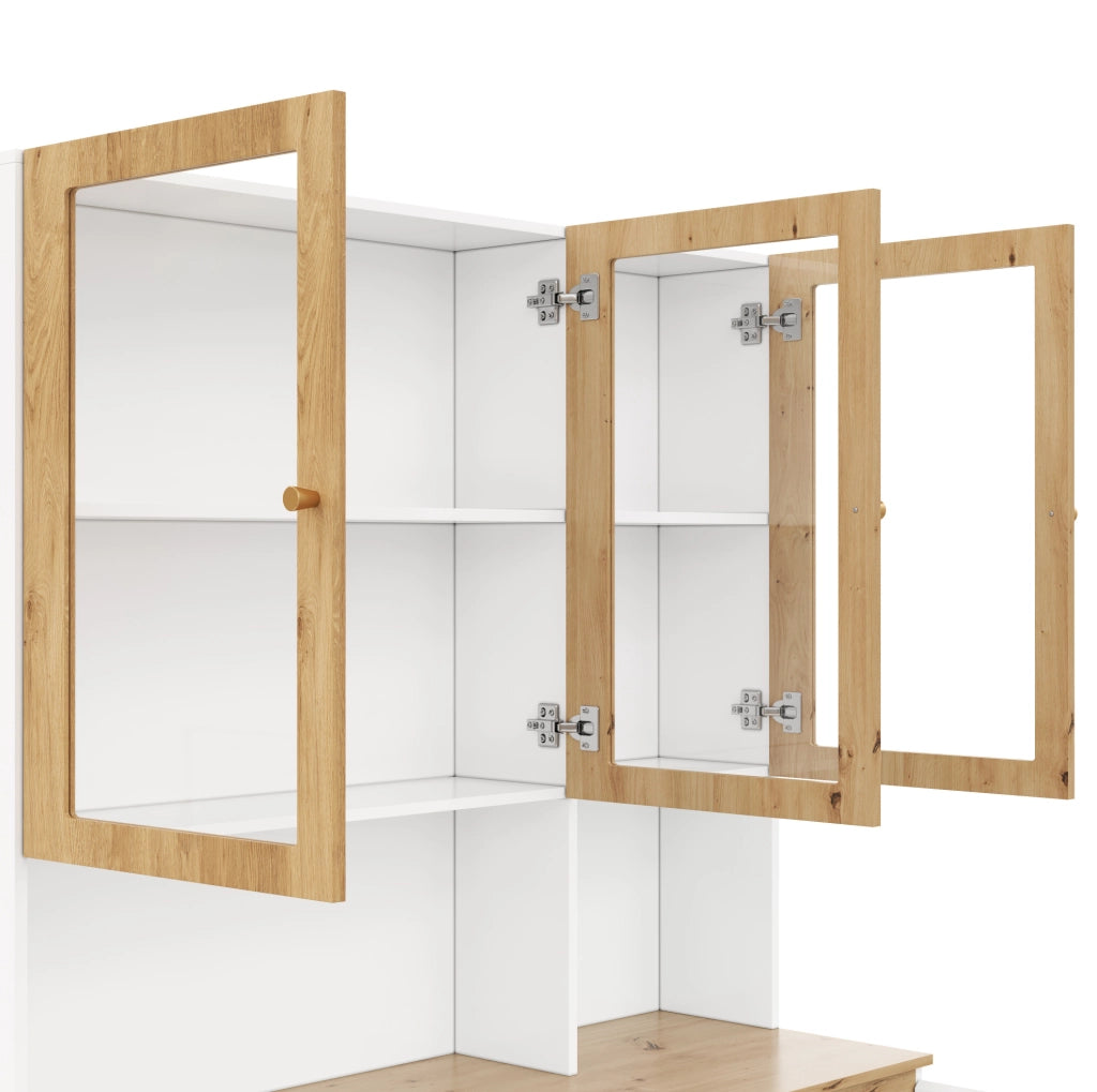 Mobile alto vetrina con LED; 120x200 cm; in MDF bianco ed effetto rovere