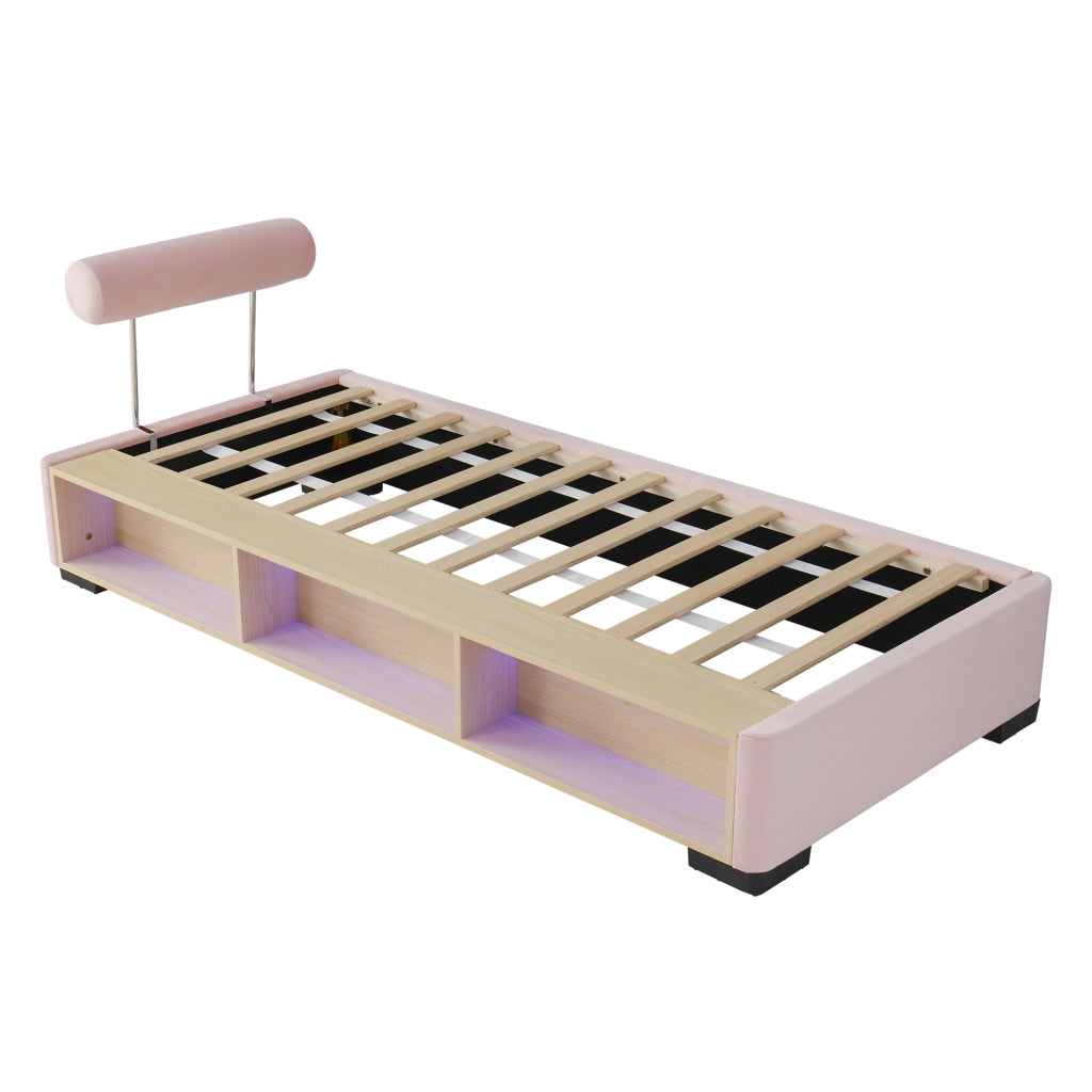 Letto per Bambini 90x200 cm - LED; Mensole e Testiera Montabile - Velluto - Rosa